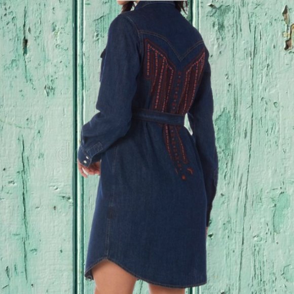 Wrangler Retro XS S Denim Western Embroidered Dress Shirtdress Belted Nwt - Picture 10 of 10